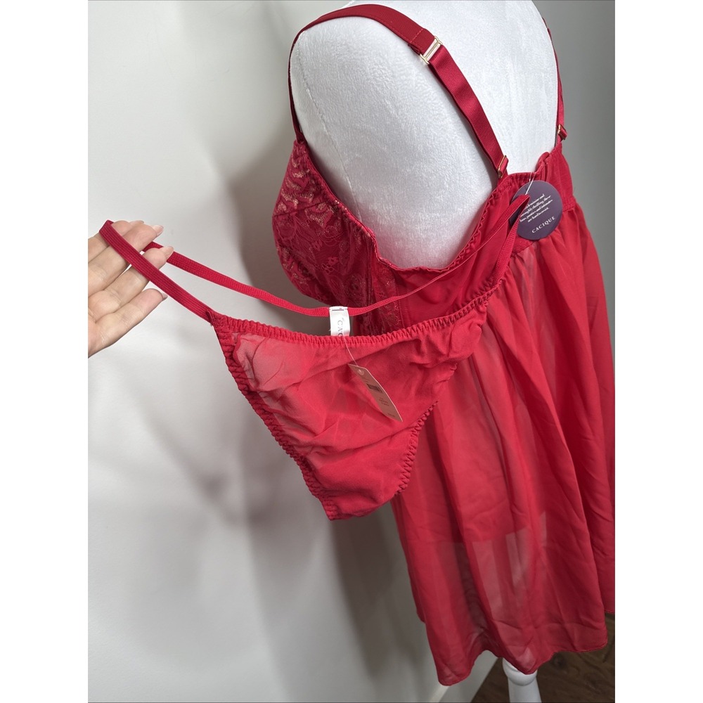Cacique Lingerie Set 42DDD Red Sexy Baby Doll Nightie Gown G String‎ Plus NEW - Picture 7 of 13